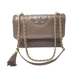 Tory Burch Fleming Convertible Shoulder Bag Crossbody Leather Gray Taupe